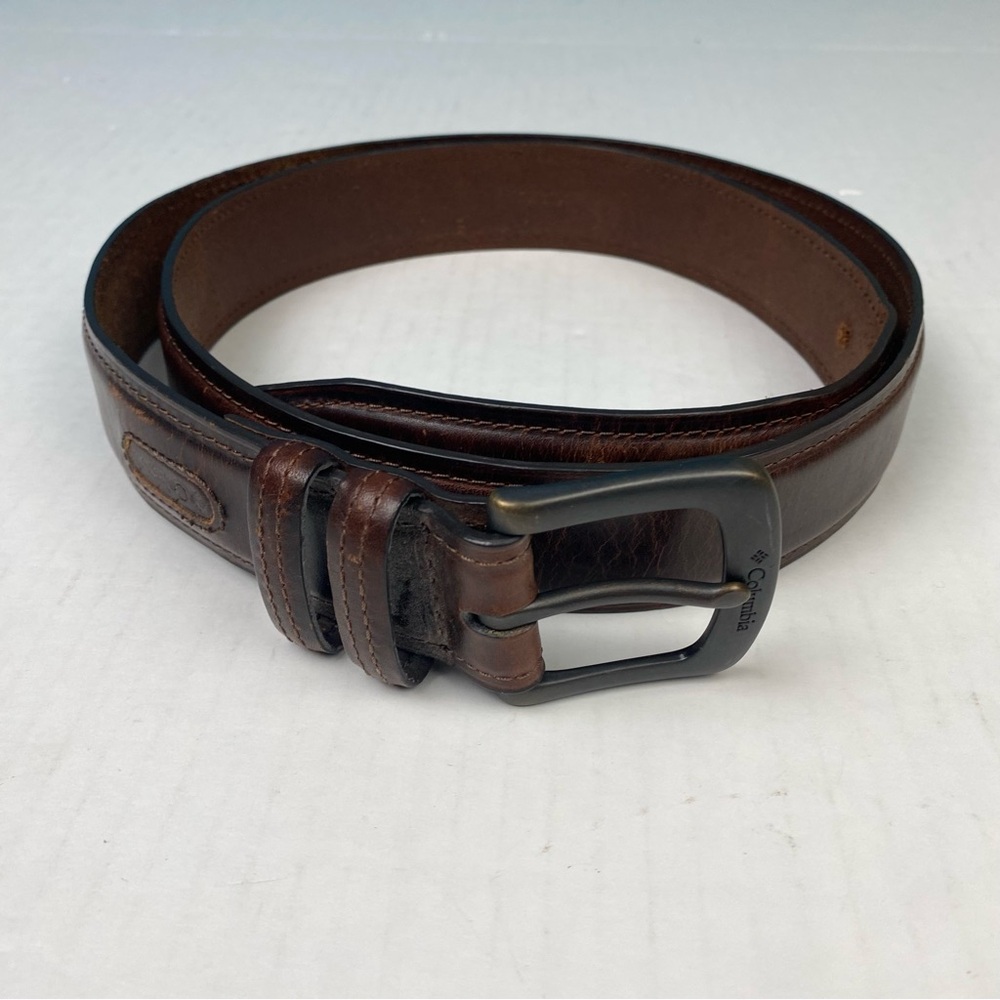 Columbia Men’s Size 46 Belt Brown Leather Dark Brass Buckle Adjustable Modified